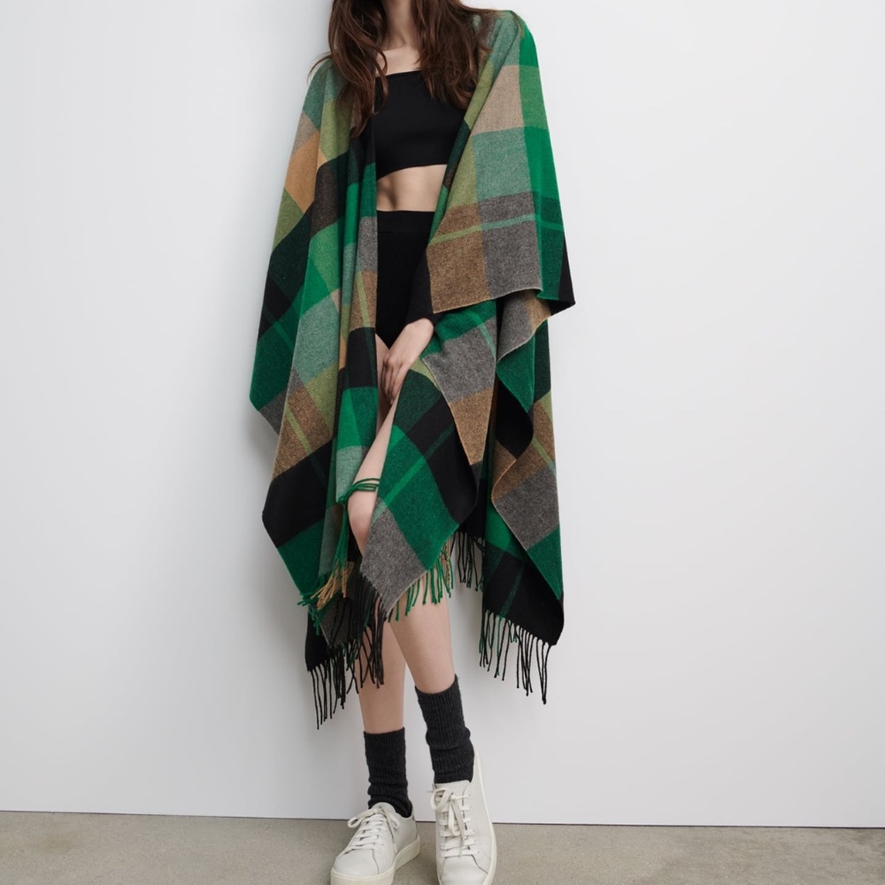 Zara Green Black Brown Plaid Fringe Poncho Sweater